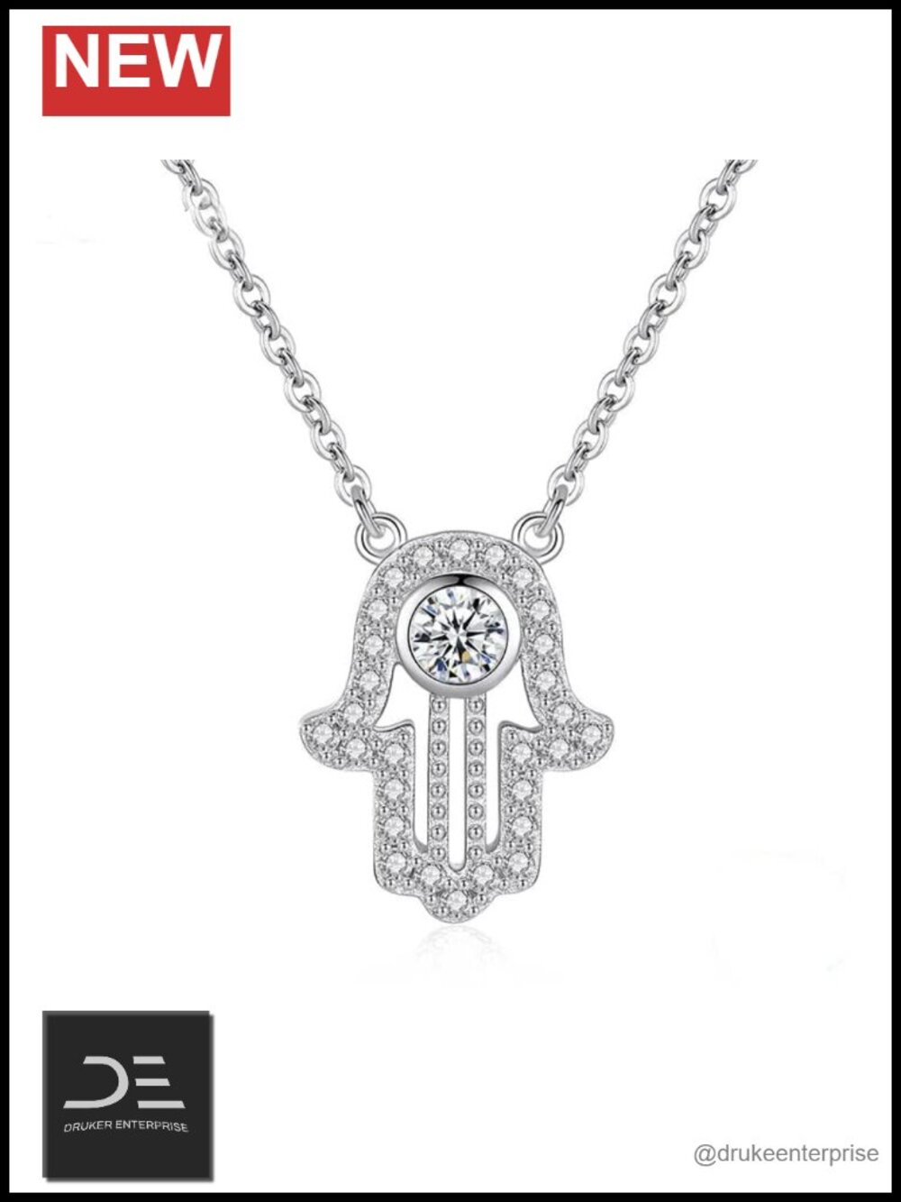 14K Gold Hamsa Hand Pendant Necklace Moissanite Evil Eye 18"